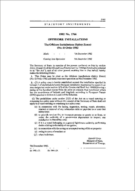 The Offshore Installations (Safety Zones) (No. 6) Order 1982