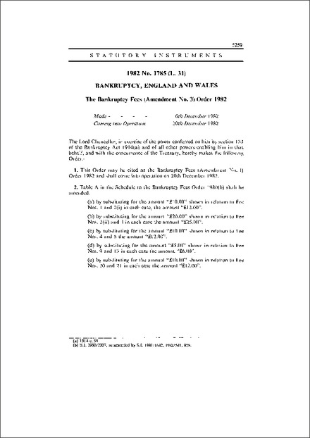 The Bankruptcy Fees (Amendment No. 3) Order 1982