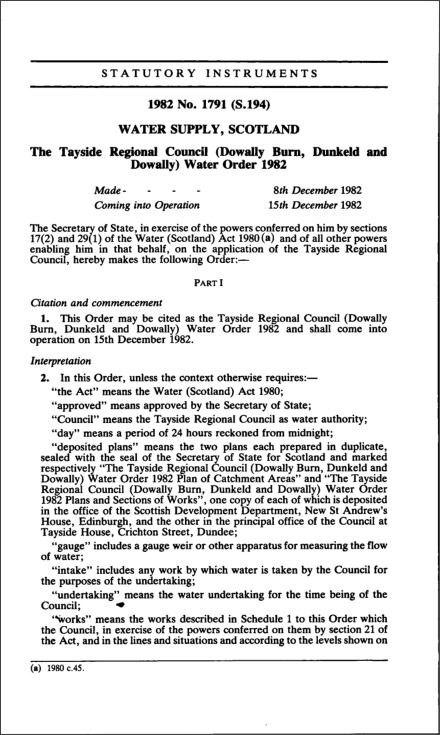 The Tayside Regional Council (Dowally Burn, Dunkeld and Dowally) Water Order 1982