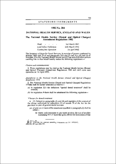 The National Health Service (Dental and Optical Charges) Amendment Regulations 1982