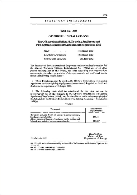 The Offshore Installations (Life-saving Appliances and Fire-fighting Equipment) (Amendment) Regulations 1982