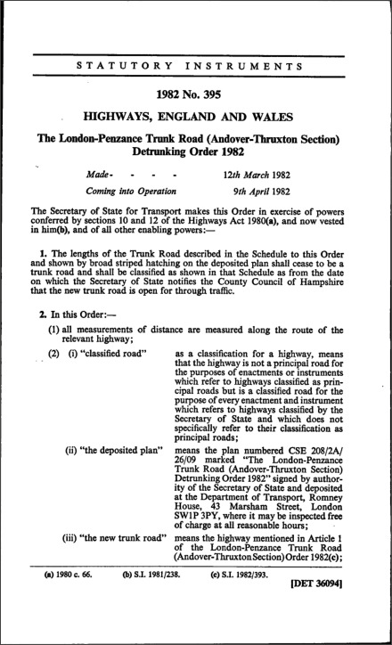 The London-Penzance Trunk Road (Andover-Thruxton Section) Detrunking Order 1982