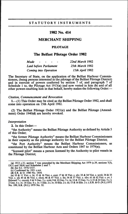 The Belfast Pilotage Order 1982