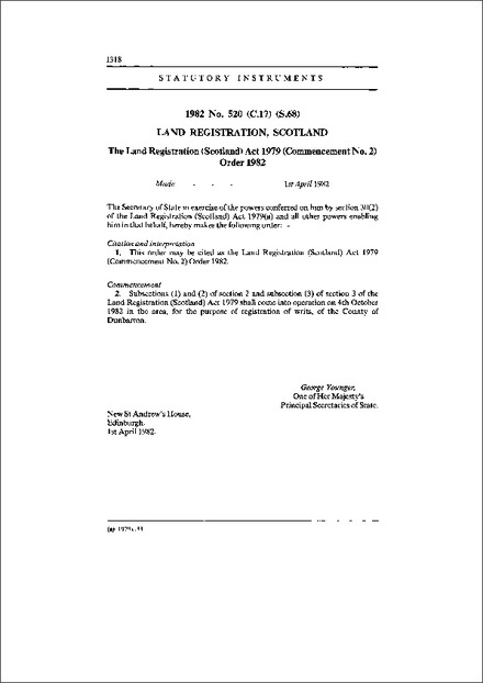 The Land Registration (Scotland) Act 1979 (Commencement No. 2) Order 1982