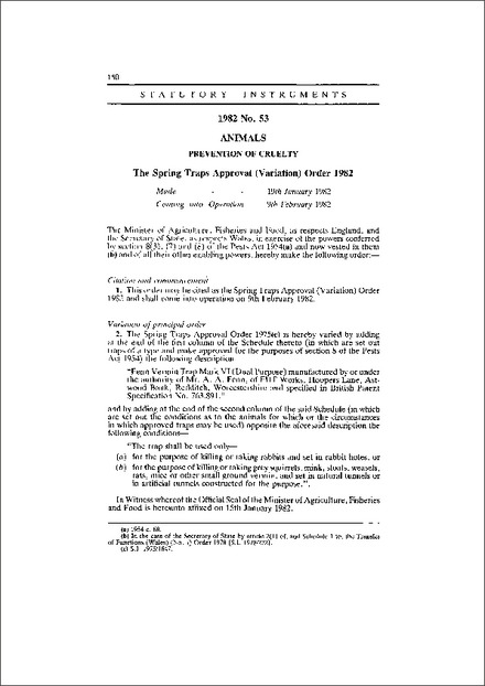 The Spring Traps Approval (Variation) Order 1982