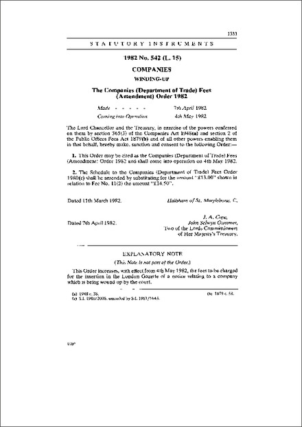 The Companies (Department of Trade) Fees (Amendment) Order 1982