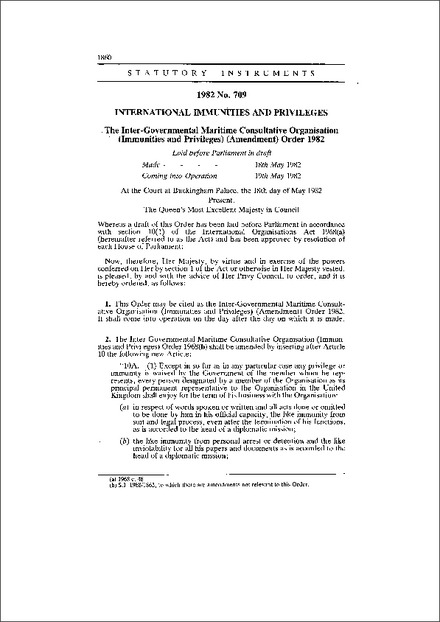 The Inter-Governmental Maritime Consultative Organisation (Immunities and Privileges) (Amendment) Order 1982