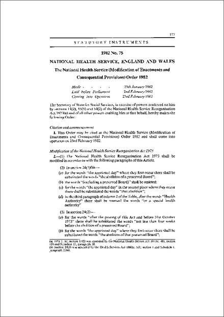 The National Health Service (Modification of Enactments and Consequential Provisions) Order 1982