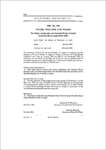 The Water Authorities and National Water Council (Limit for Borrowing) Order 1982