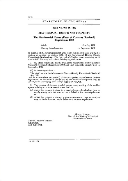 The Matrimonial Homes (Form of Consent) (Scotland) Regulations 1982
