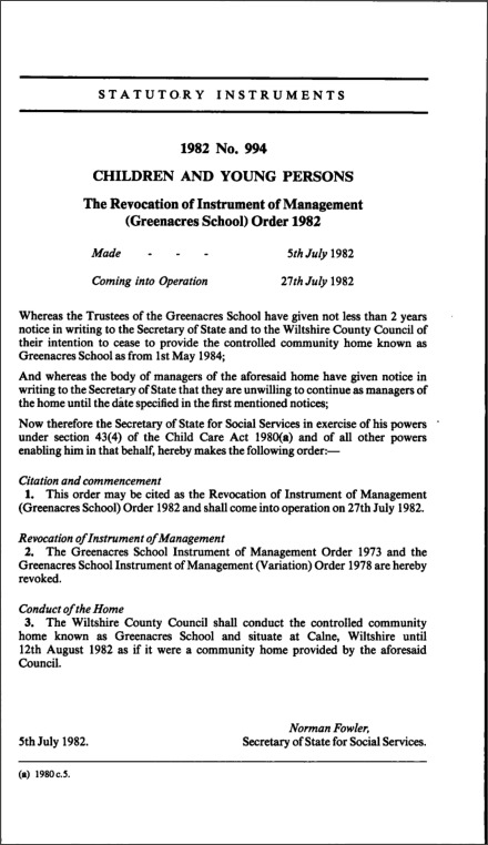 The Revocation of Instrument of Management (Greenacres School) Order 1982