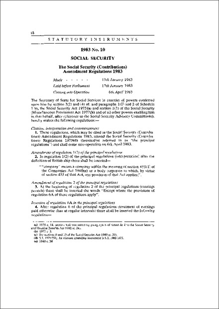 The Social Security (Contributions) Amendment Regulations 1983