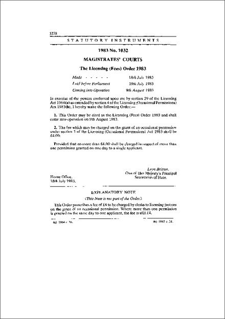 The Licensing (Fees) Order 1983