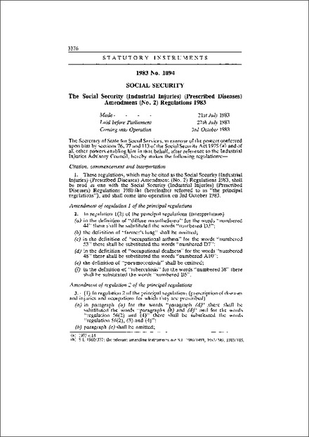 The Social Security (Industrial Injuries) (Prescribed Diseases) Amendment (No. 2) Regulations 1983