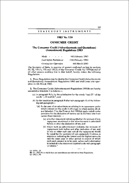 The Consumer Credit (Advertisements and Quotations) (Amendment) Regulations 1983