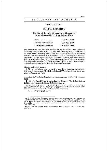 The Social Security (Attendance Allowance) Amendment (No. 2) Regulations 1983
