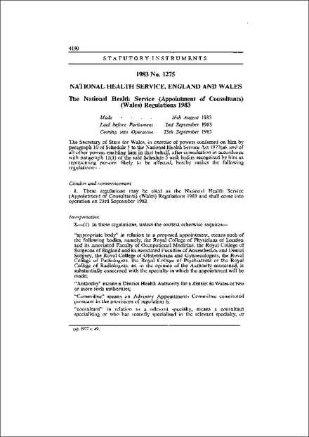 The National Health Service (Appointment of Consultants) (Wales) Regulations 1983