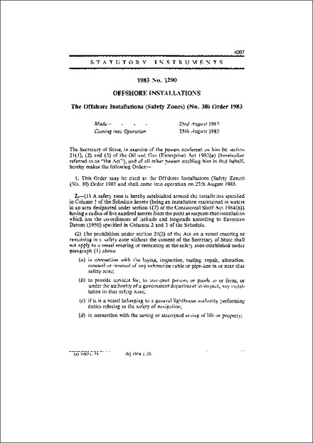 The Offshore Installations (Safety Zones) (No. 30) Order 1983