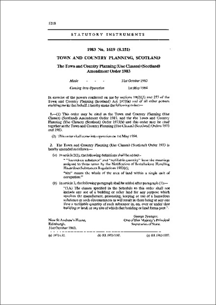 The Town and Country Planning (Use Classes) (Scotland) Amendment Order 1983
