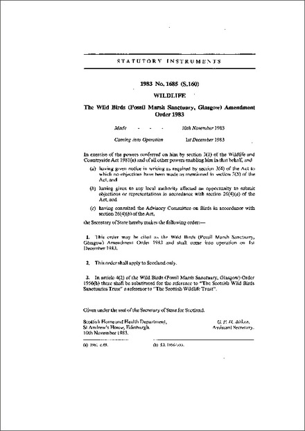The Wild Birds (Possil Marsh Sanctuary, Glasgow) Amendment Order 1983