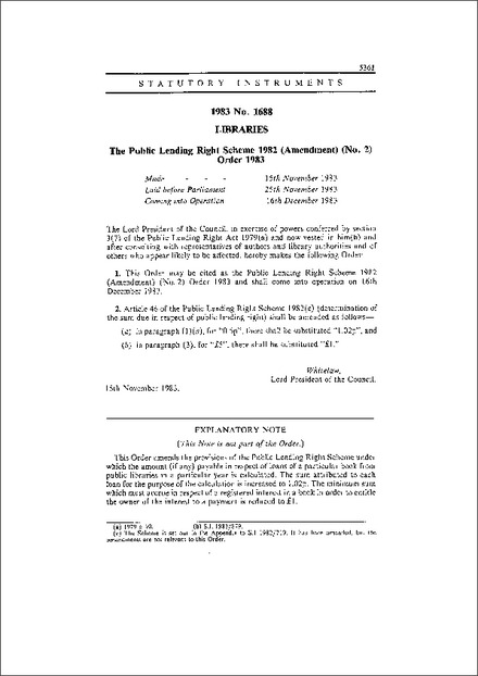 The Public Lending Right Scheme 1982 (Amendment) (No. 2) Order 1983