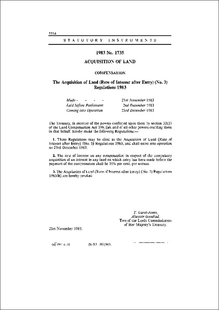 The Acquisition of Land (Rate of Interest after Entry) (No. 3) Regulations 1983