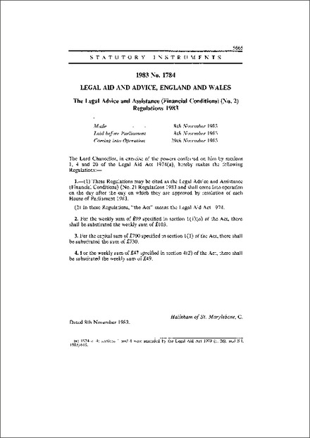 The Legal Advice and Assistance (Financial Conditions) (No. 2) Regulations 1983