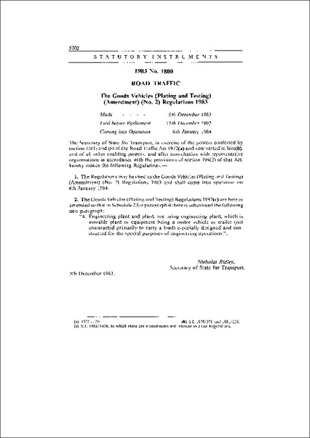The Goods Vehicles (Plating and Testing) (Amendment) (No. 2) Regulations 1983