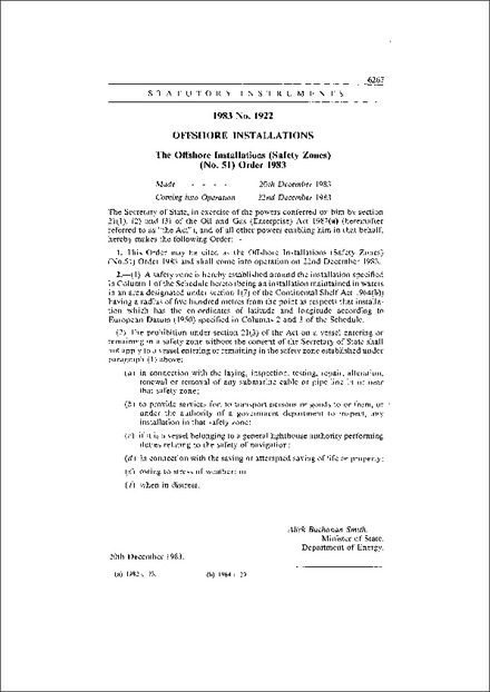 The Offshore Installations (Safety Zones) (No. 51) Order 1983