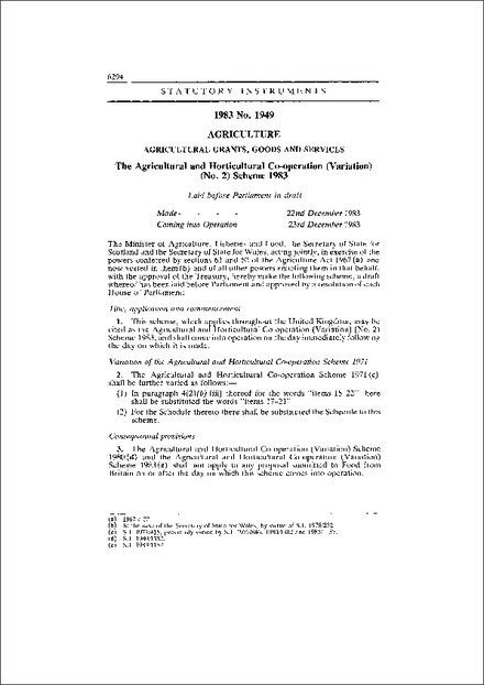 The Agricultural and Horticultural Co-operation (Variation) (No. 2) Scheme 1983