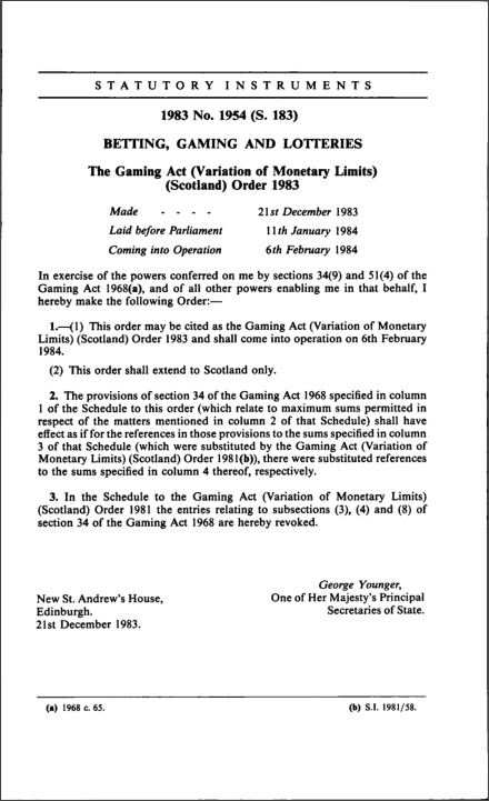 The Gaming Act (Variation of Monetary Limits) (Scotland) Order 1983