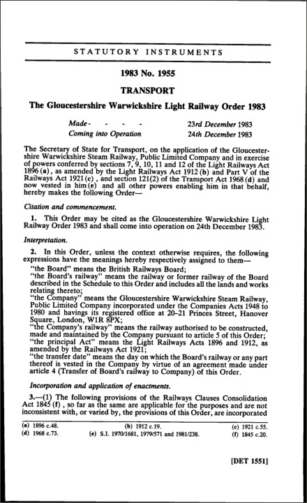 The Gloucestershire Warwickshire Light Railway Order 1983