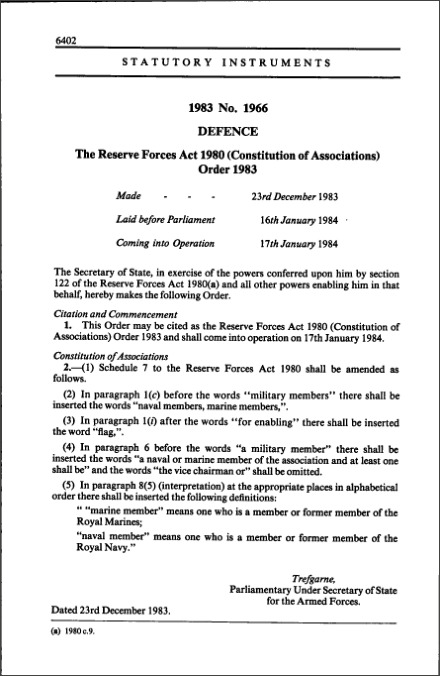 The Reserve Forces Act 1980 (Constitution of Associations) Order 1983