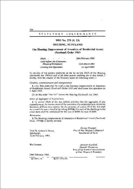 The Housing (Improvement of Amenities of Residential Areas) (Scotland) Order 1983