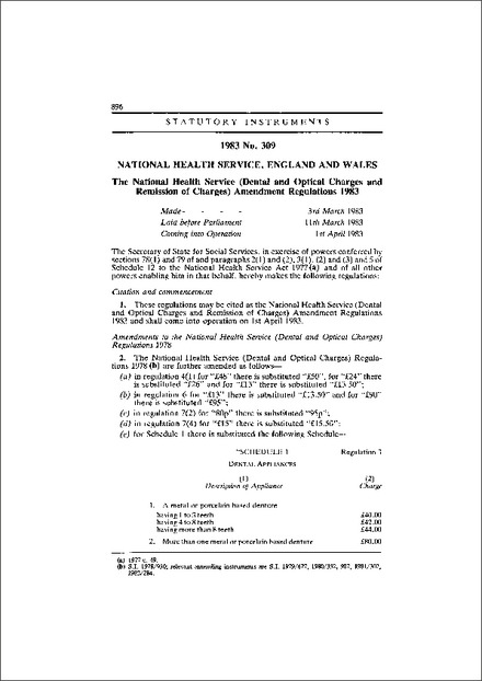 The National Health Service (Dental and Optical Charges and Remission of Charges) Amendment Regulations 1983