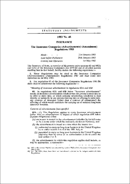 The Insurance Companies (Advertisements) (Amendment) Regulations 1983