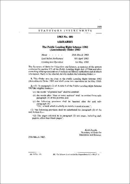 The Public Lending Right Scheme 1982 (Amendment) Order 1983