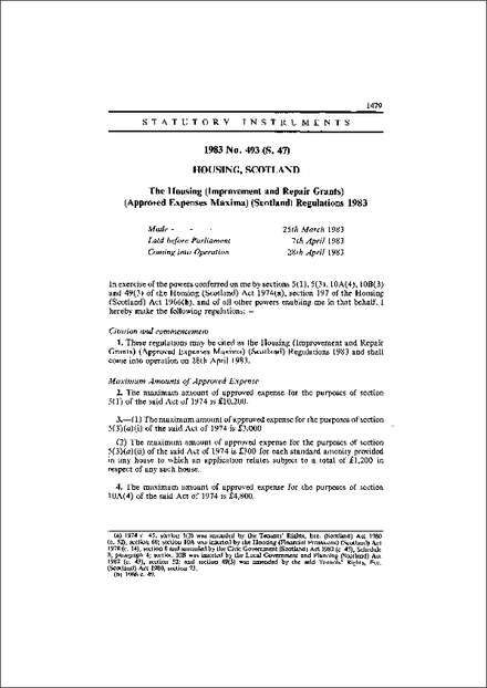 The Housing (Improvement and Repair Grants) (Approved Expenses Maxima) (Scotland) Regulations 1983