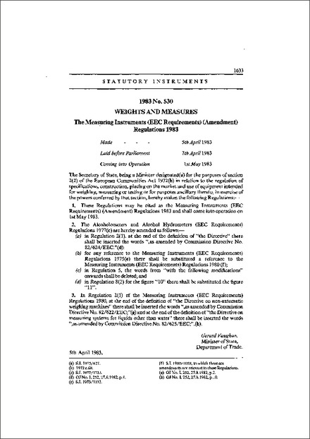 The Measuring Instruments (EEC Requirements) (Amendment) Regulations 1983