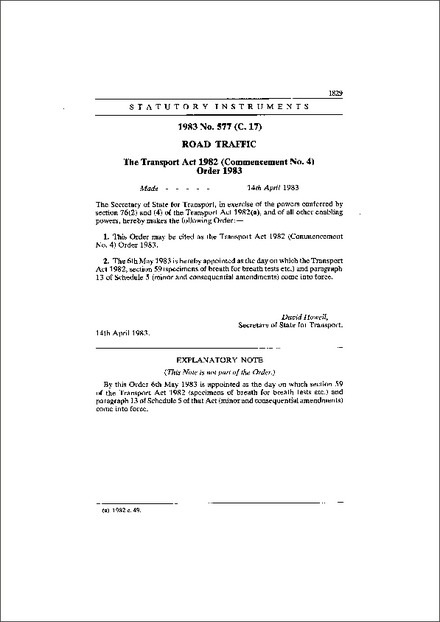 The Transport Act 1982 (Commencement No. 4) Order 1983