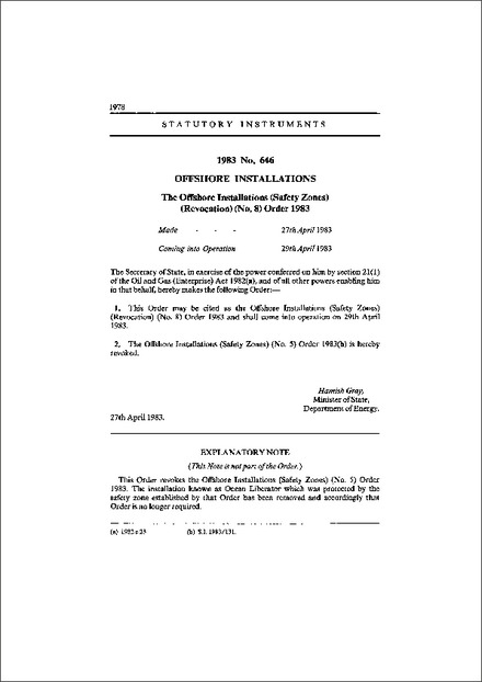 The Offshore Installations (Safety Zones) (Revocation) (No. 8) Order 1983