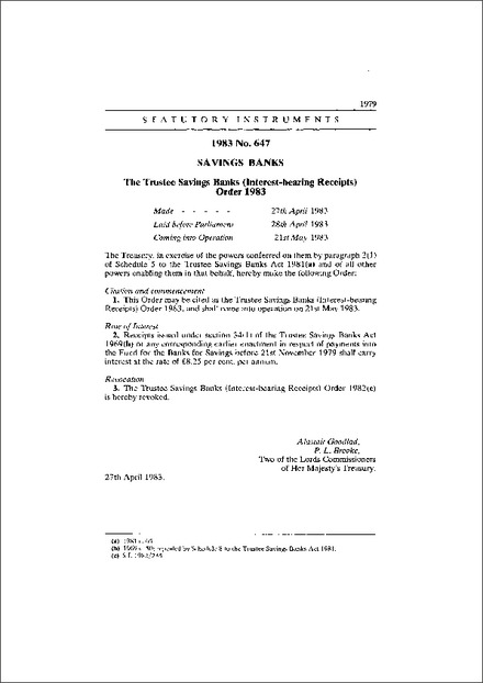 The Trustee Savings Banks (Interest-bearing Receipts) Order 1983