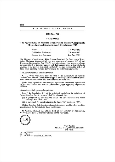 The Agricultural or Forestry Tractors and Tractor Components (Type Approval) (Amendment) Regulations 1983