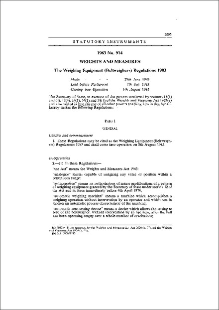 The Weighing Equipment (Beltweighers) Regulations 1983
