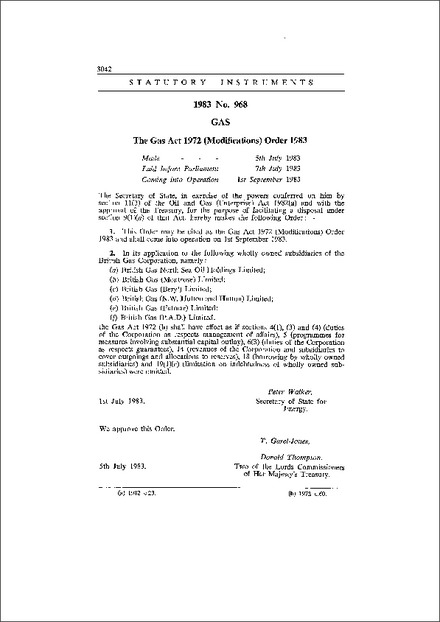 The Gas Act 1972 (Modifications) Order 1983