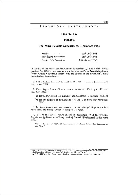 The Police Pensions (Amendment) Regulations 1983