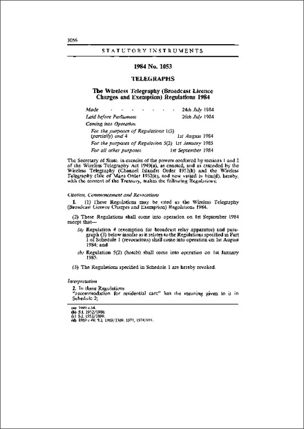The Wireless Telegraphy (Broadcast Licence Charges and Exemption) Regulations 1984