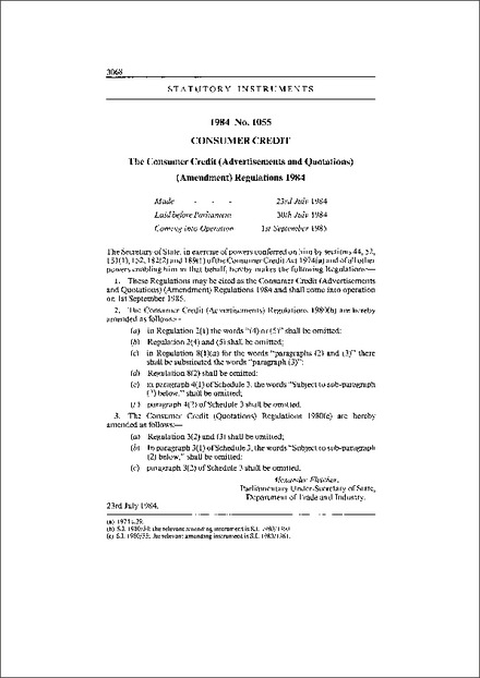 The Consumer Credit (Advertisements and Quotations) (Amendment) Regulations 1984