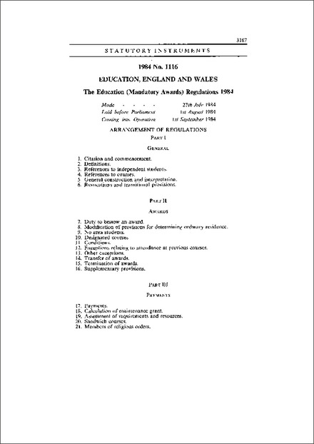 The Education (Mandatory Awards) Regulations 1984