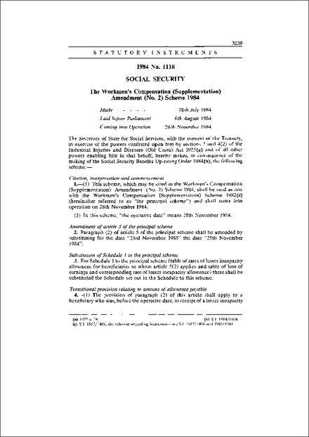 The Workmen's Compensation (Supplementation) Amendment (No. 2) Scheme 1984